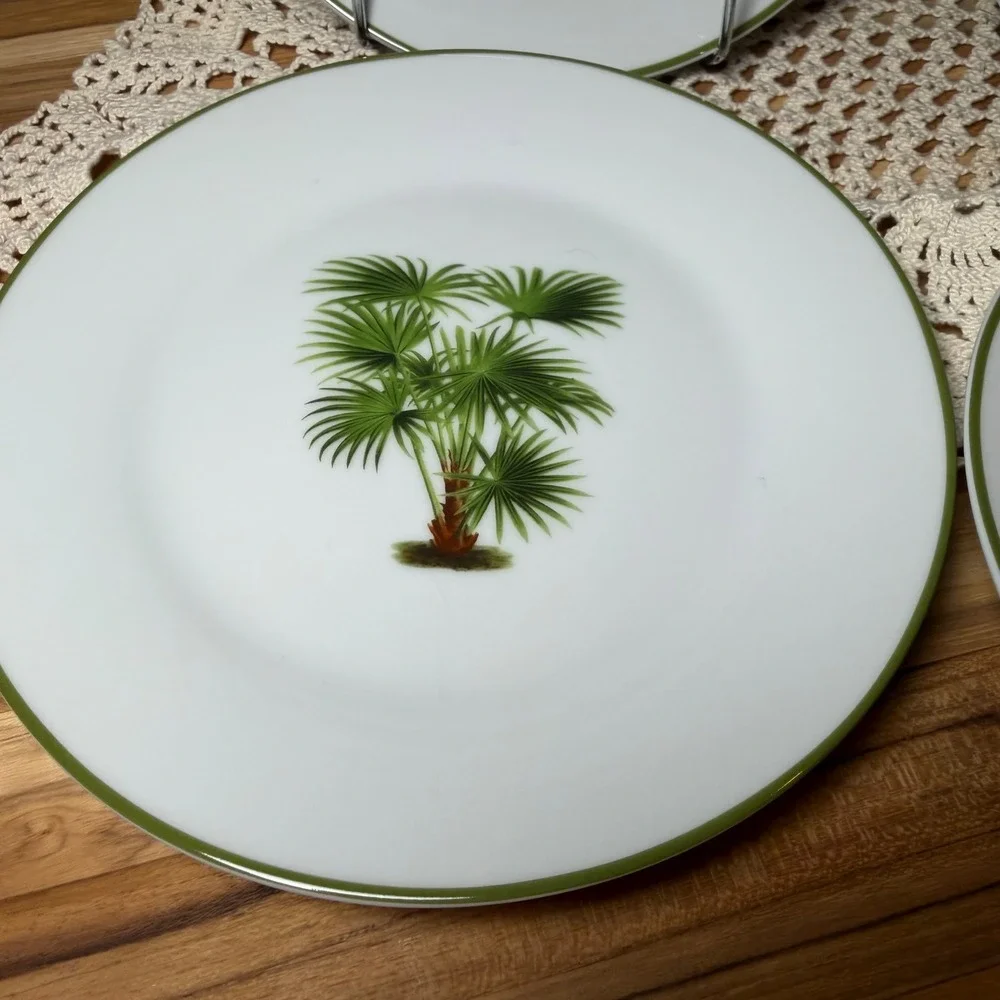Pottery Barn Palm Tree Salad Plates Set of 4 Botanical Tropical Green White